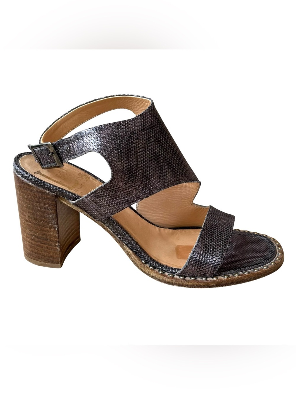 LA BOTTEGA di LISA Gunmetal Pebbled Leather Sandal Heels